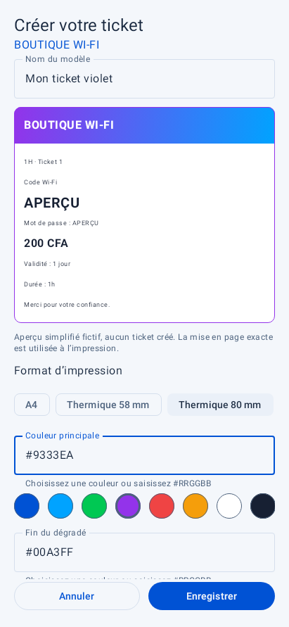 Vue de démonstration de la personnalisation d’un ticket : nom du HotSpot, couleurs et format